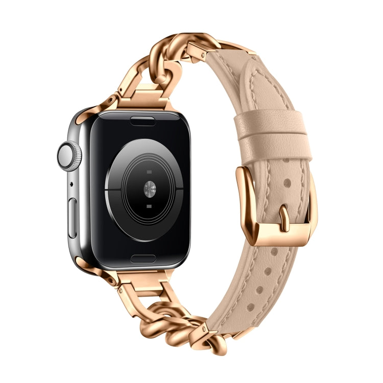 For Apple Watch Series 10 42mm Chain Genuine Leather Watch Band, Size: S(Rose Gold Apricot)
