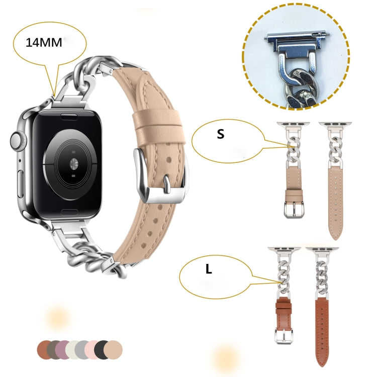 For Apple Watch Series 10 42mm Chain Genuine Leather Watch Band, Size: S(Rose Gold Apricot)