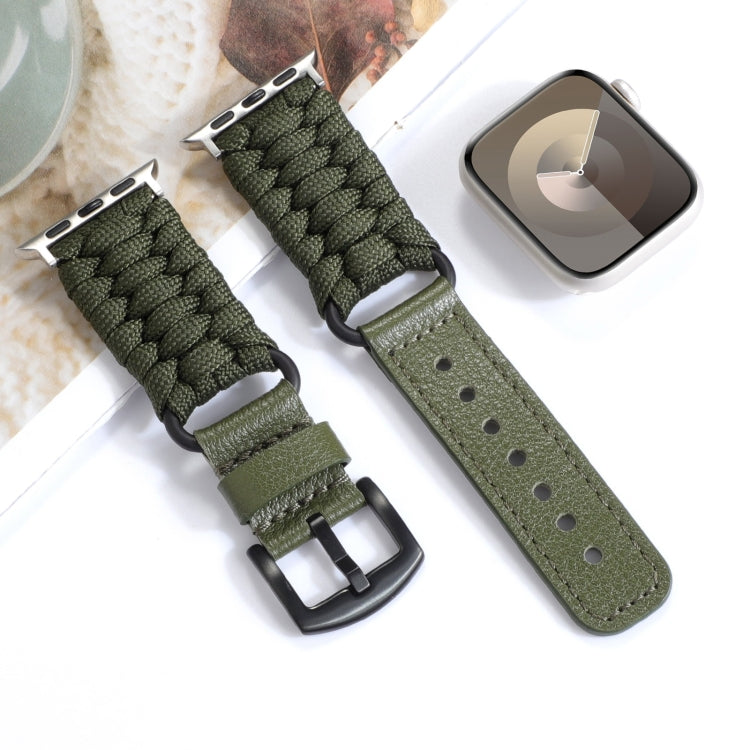 For Apple Watch Series 2 42mm Plain Paracord Genuine Leather Watch Band(Army Green)