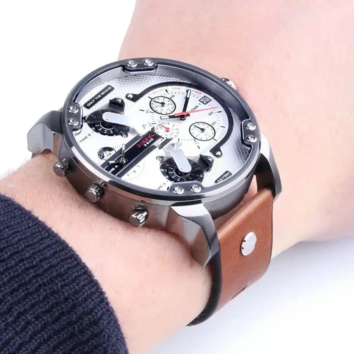 Diesel DZ7394 Mr. Daddy 2.0 Chronograph Men's Watch – Silver Dial & Brown Leather Strap